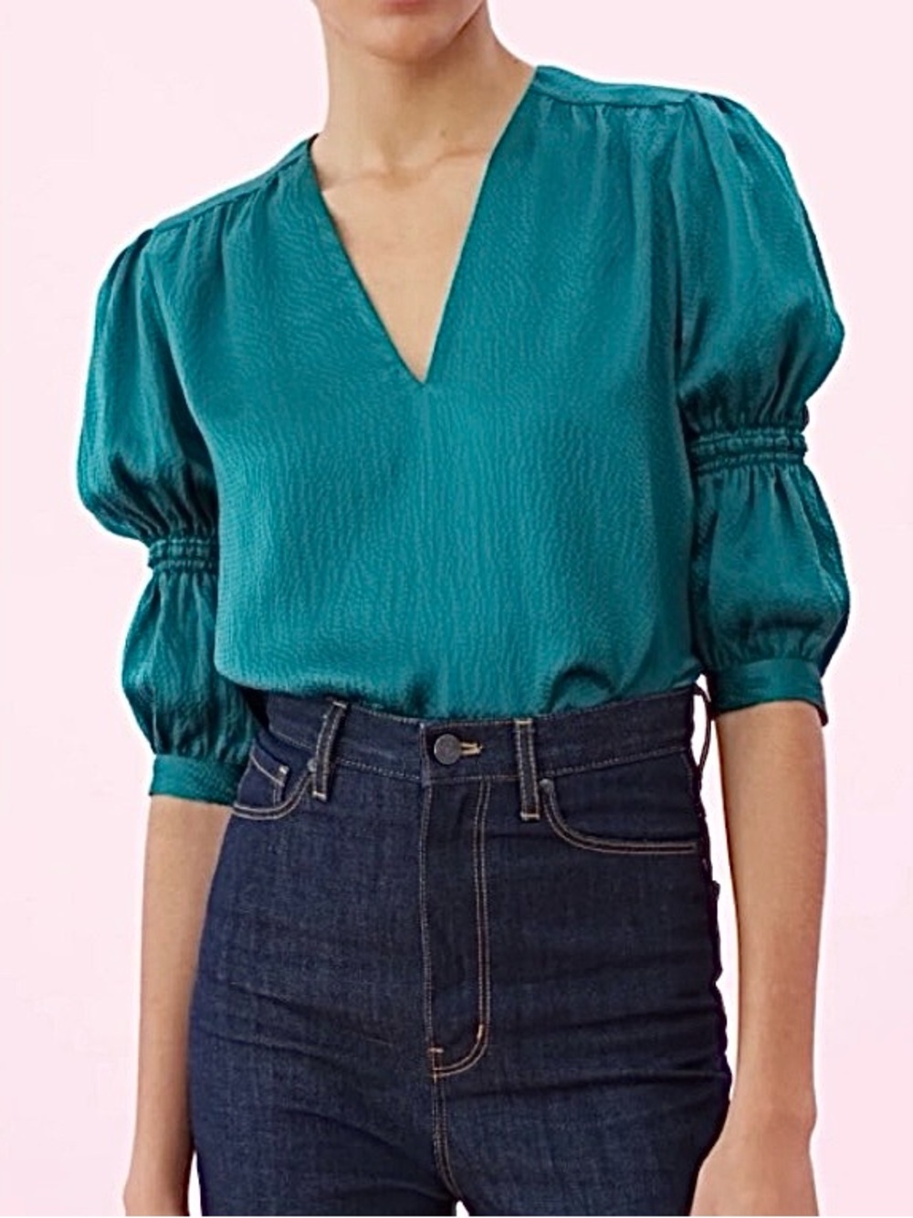 Rebecca Taylor Teal Hammered Silk Satin V-Neck Smocked Puff 3/4 Sleeve Top US8